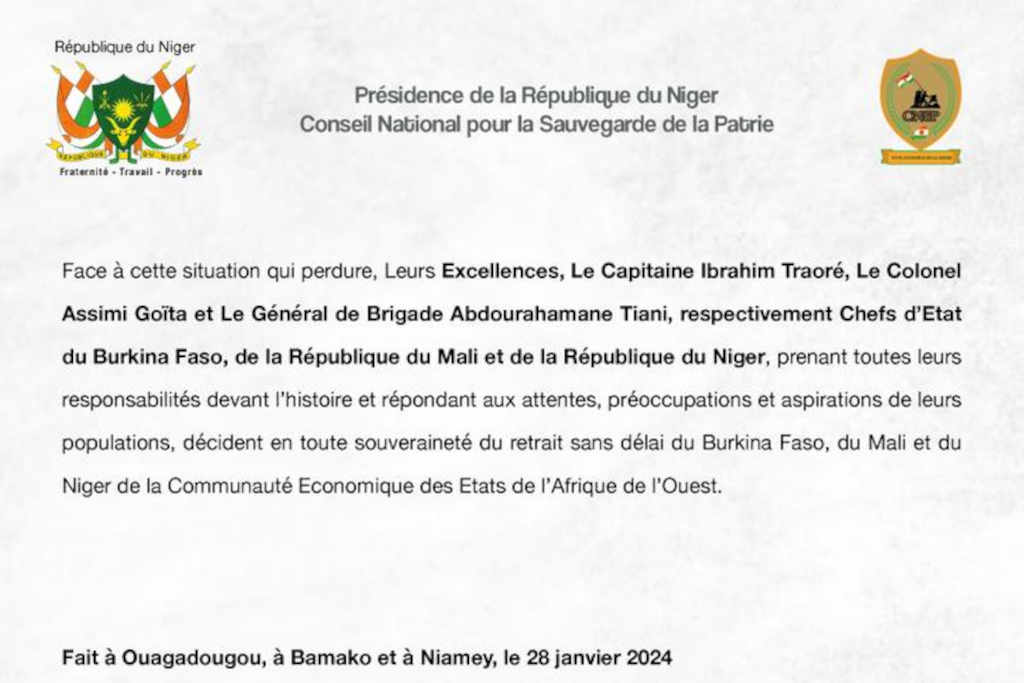 Le Burkina Faso, Le Mali Et Le Niger Quittent La CEDEAO Avec Effet Immédiat